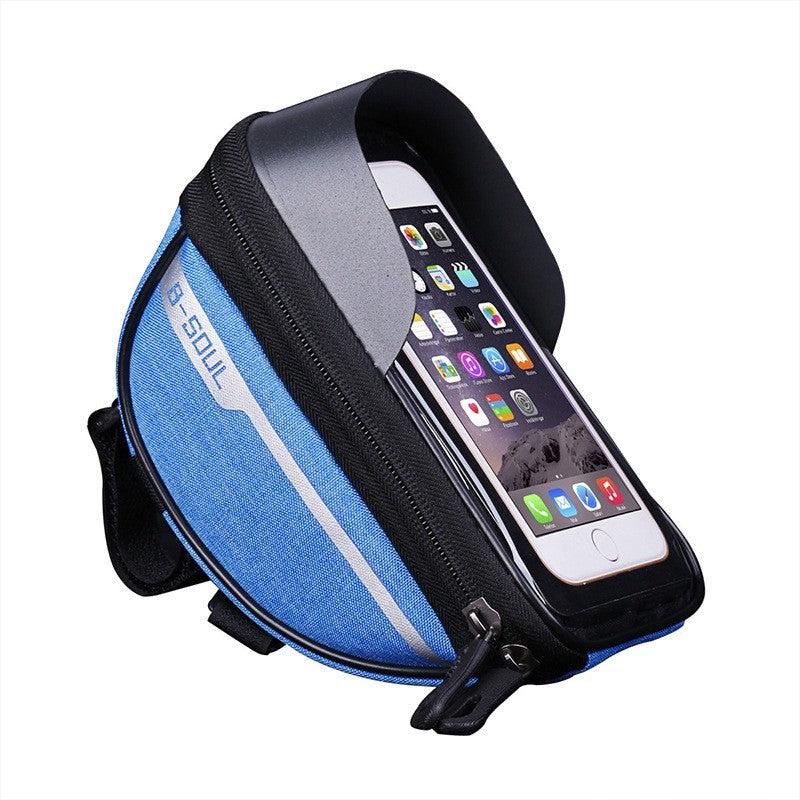 Borseta Bicicleta Impermeabila cu Husa Telefon, Montare pe Ghidon, Ecran Tactil, Compartiment Depozitare Accesorii, Poliester, 18.5x9.5 cm, Albastru