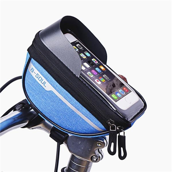 Borseta Bicicleta Impermeabila cu Husa Telefon, Montare pe Ghidon, Ecran Tactil, Compartiment Depozitare Accesorii, Poliester, 18.5x9.5 cm, Albastru