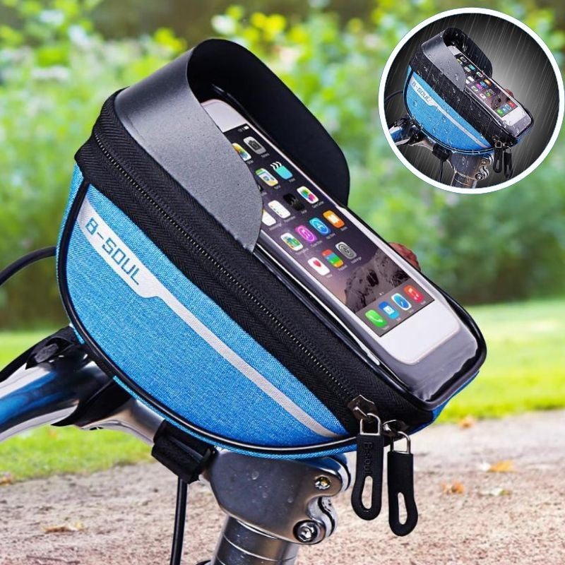 Borseta Bicicleta Impermeabila cu Husa Telefon, Montare pe Ghidon, Ecran Tactil, Compartiment Depozitare Accesorii, Poliester, 18.5x9.5 cm, Albastru