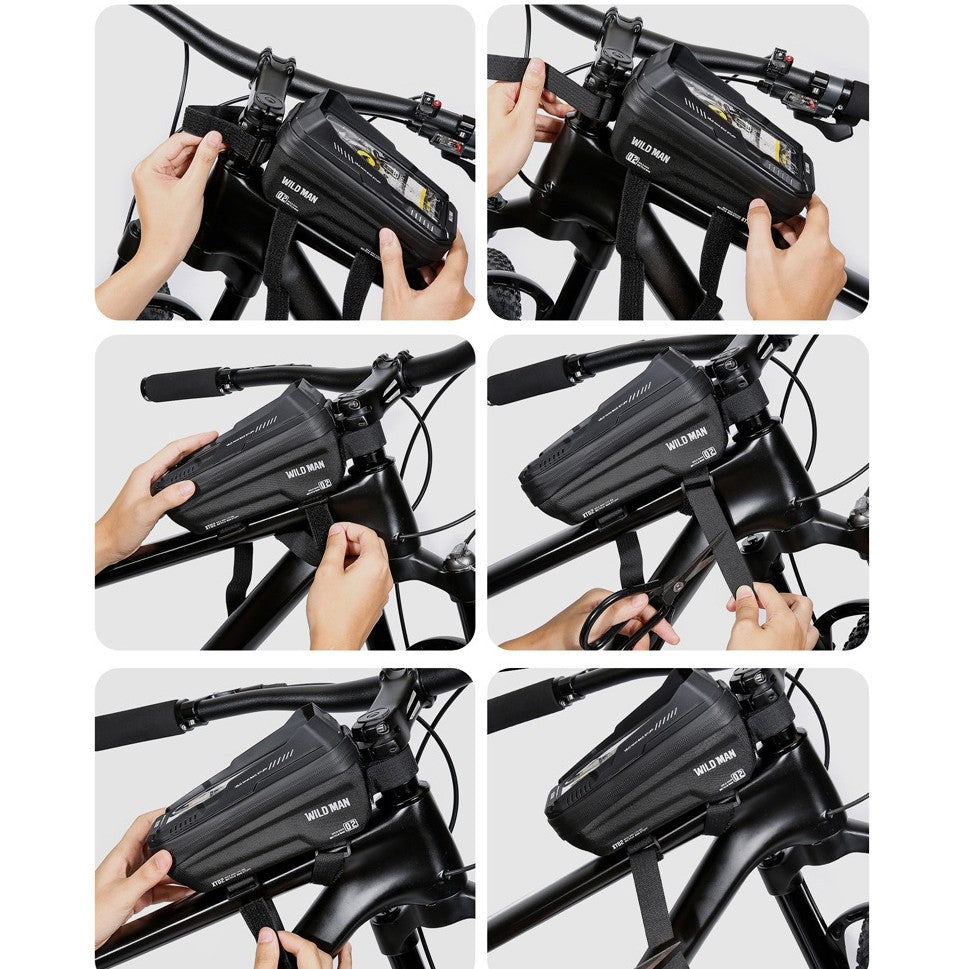 Borseta Bicicleta cu Suport Telefon, Carcasa Hard-Shell Waterproof, Ecran Tactil si Parasolar, Orificiu Casti, Fixare in 3 Puncte, Capacitate 1L, 20.5x11.1x10.5 cm, Negru