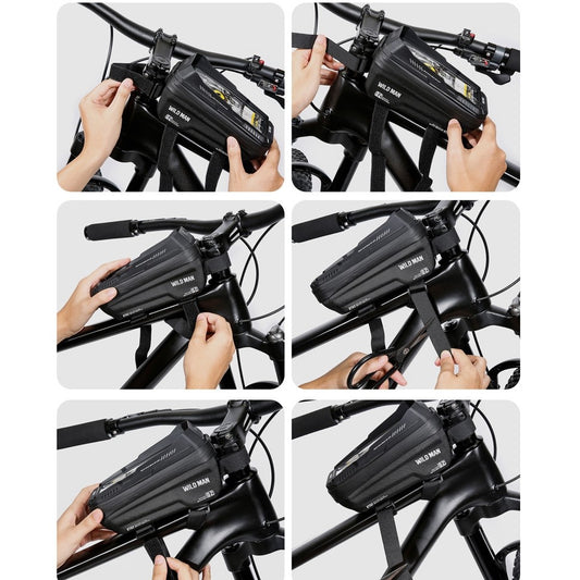 Borseta Bicicleta cu Suport Telefon, Carcasa Hard-Shell Waterproof, Ecran Tactil si Parasolar, Orificiu Casti, Fixare in 3 Puncte, Capacitate 1L, 20.5x11.1x10.5 cm, Negru