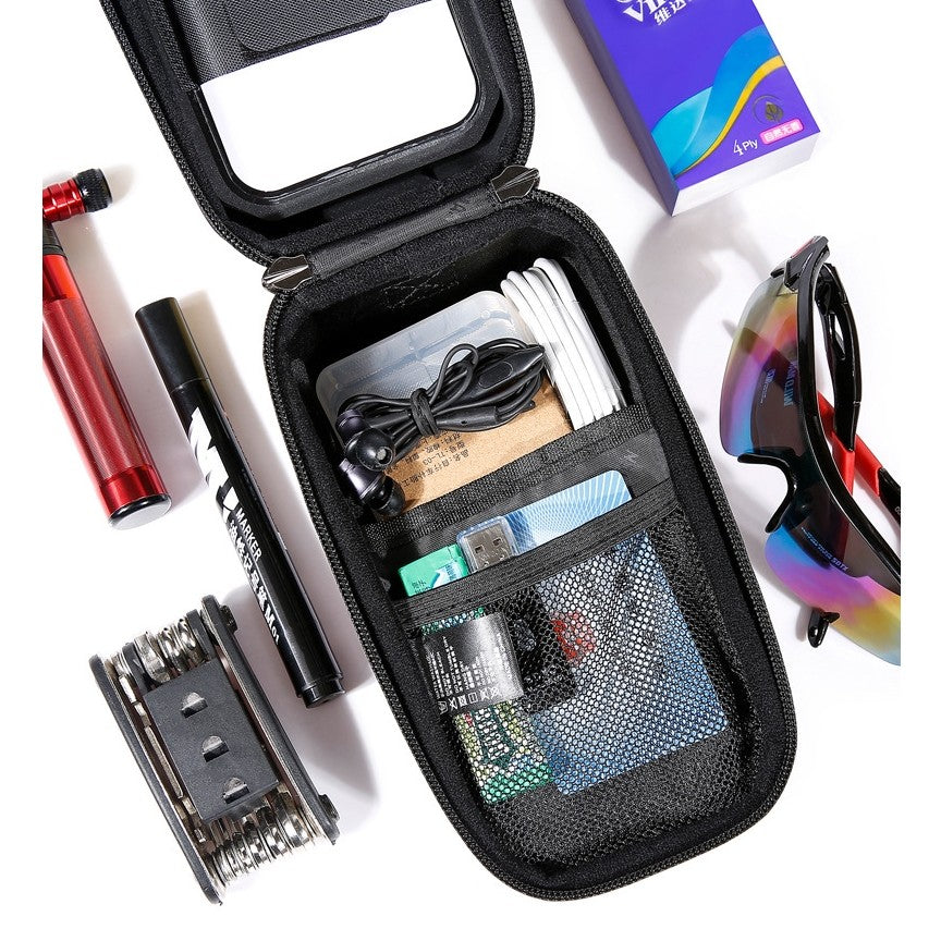 Borseta Bicicleta cu Suport Telefon, Carcasa Hard-Shell Waterproof, Ecran Tactil si Parasolar, Orificiu Casti, Fixare in 3 Puncte, Capacitate 1L, 20.5x11.1x10.5 cm, Negru