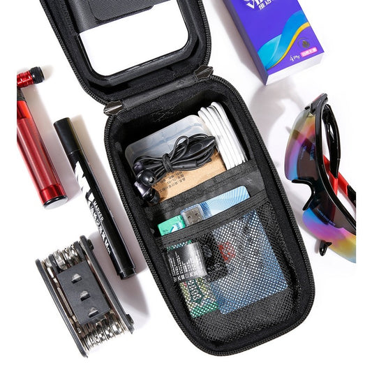 Borseta Bicicleta cu Suport Telefon, Carcasa Hard-Shell Waterproof, Ecran Tactil si Parasolar, Orificiu Casti, Fixare in 3 Puncte, Capacitate 1L, 20.5x11.1x10.5 cm, Negru