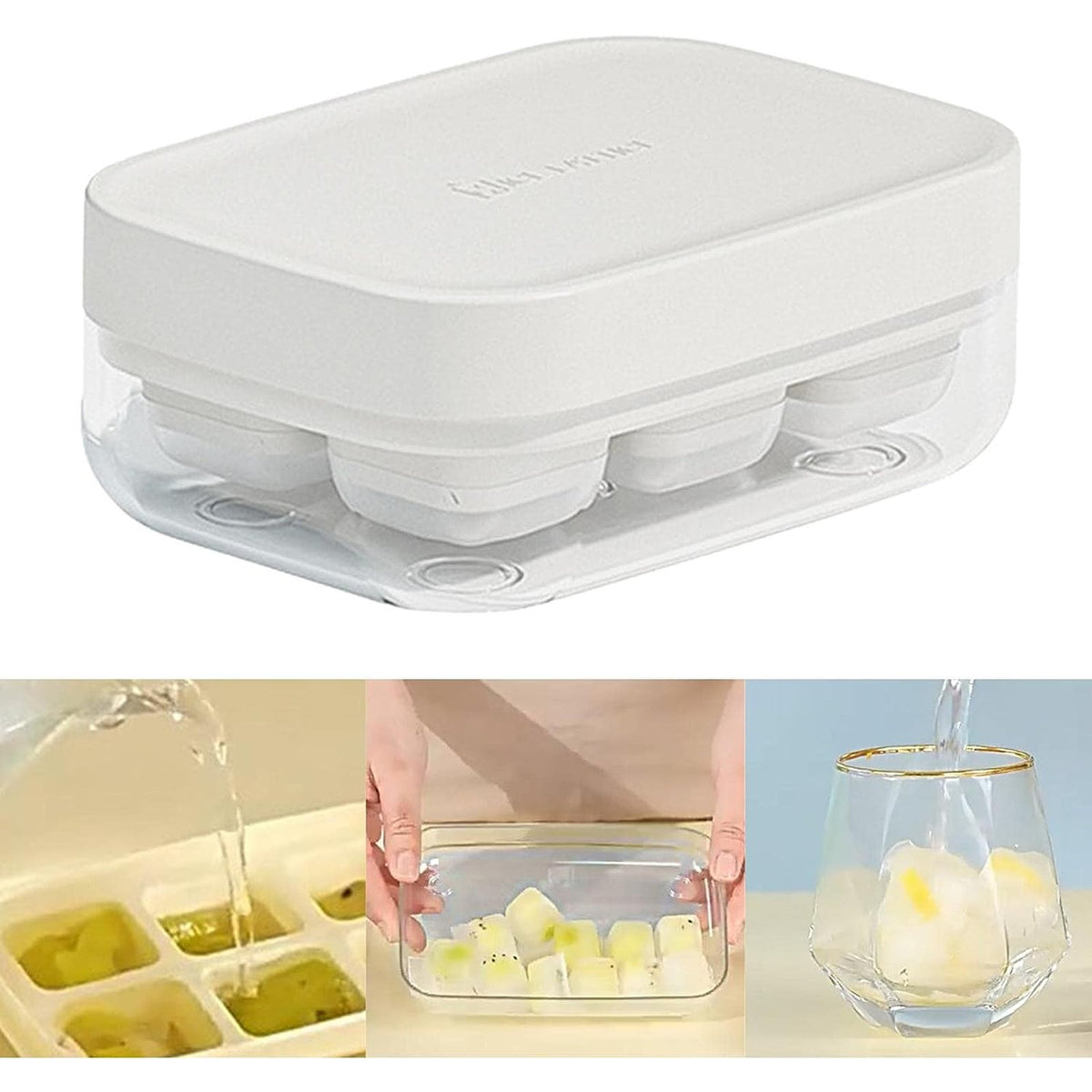 Formă Pentru Gheață Cu Presă, Caserolă Pentru Depozitare Inclusă, Silicon Alimentar, 6 Cuburi, 10.5 x 7.5 x 4.1 cm, Alb