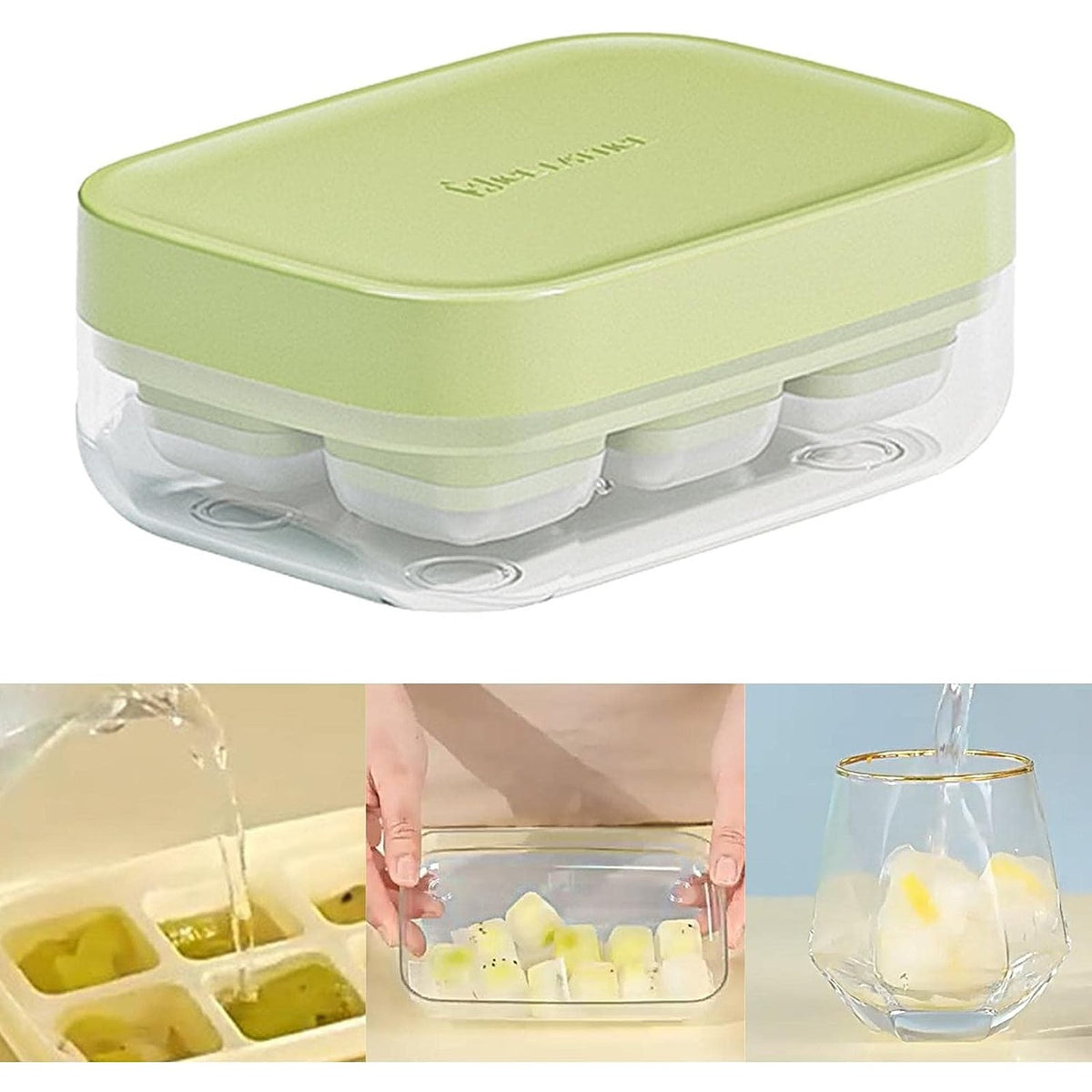 Forma pentru Gheata cu Presa si Caserola de Depozitare, Silicon Alimentar, 6 Cuburi Mari, 10.5 x 7.5 x 4.1 cm, Verde