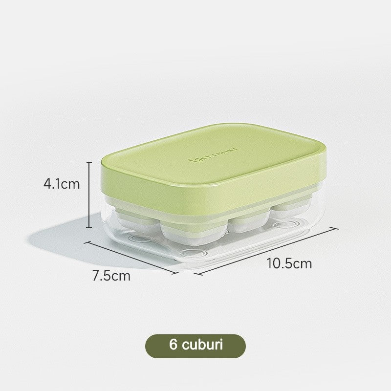Forma pentru Gheata cu Presa si Caserola de Depozitare, Silicon Alimentar, 6 Cuburi Mari, 10.5 x 7.5 x 4.1 cm, Verde