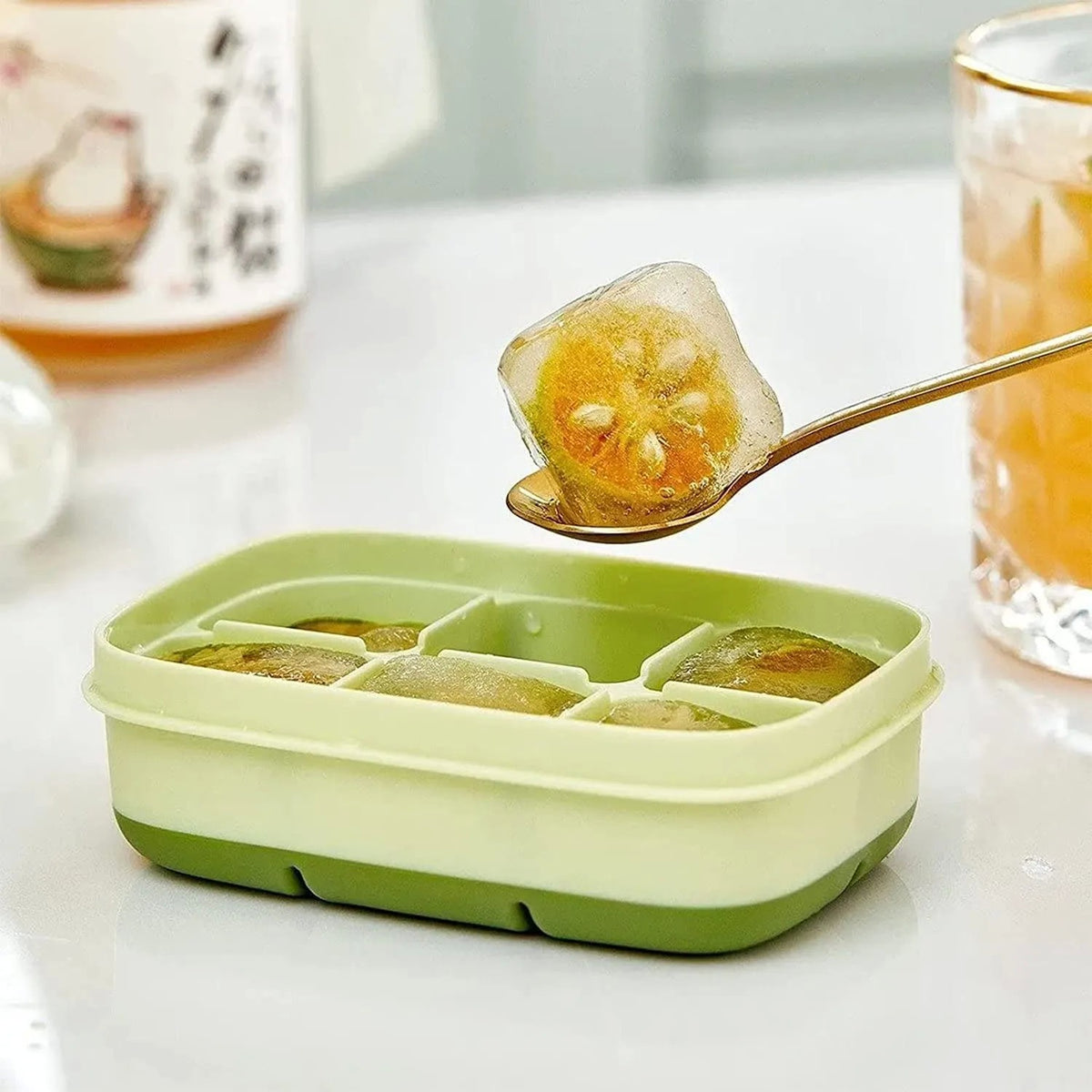 Forma pentru Gheata cu Presa si Caserola de Depozitare, Silicon Alimentar, 6 Cuburi Mari, 10.5 x 7.5 x 4.1 cm, Verde