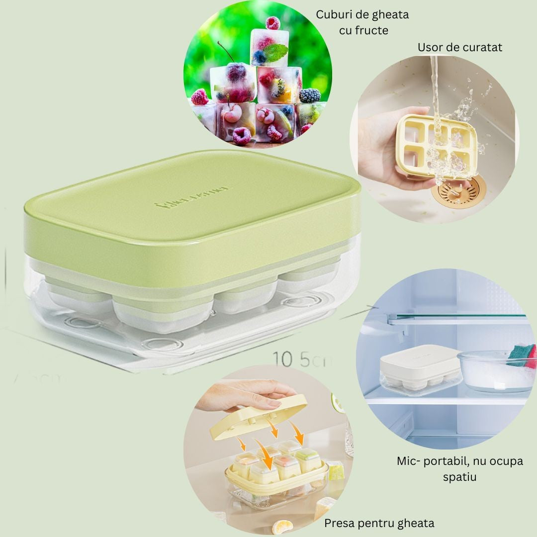 Forma pentru Gheata cu Presa si Caserola de Depozitare, Silicon Alimentar, 6 Cuburi Mari, 10.5 x 7.5 x 4.1 cm, Verde
