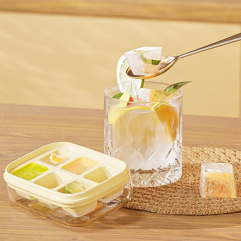 Forma pentru Gheata cu Presa pentru Eliberare Rapida, Caserola Depozitare Inclusa, Silicon Alimentar, 6 Cuburi, 10.5 x 7.5 x 4.1 cm, Galben