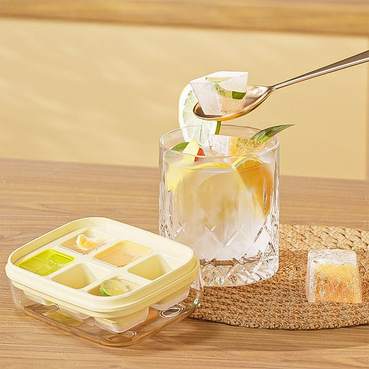 Forma pentru Gheata cu Presa pentru Eliberare Rapida, Caserola Depozitare Inclusa, Silicon Alimentar, 6 Cuburi, 10.5 x 7.5 x 4.1 cm, Galben