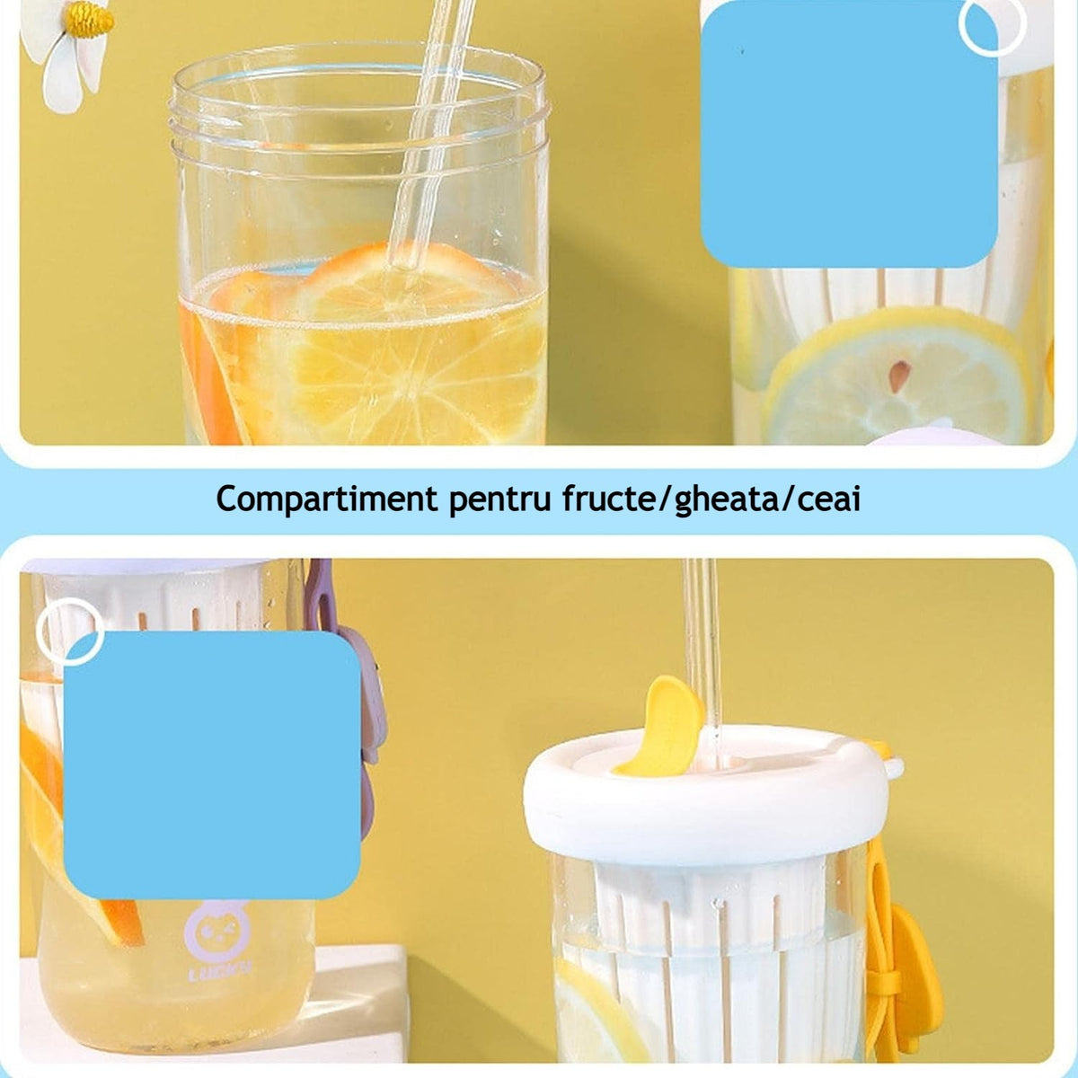 Pahar Pentru Copii Cu Capac Si Pai, Compartiment Infuzor Pentru Fructe Sau Ceai, Rezistent La Socuri Si Temperaturi Inalte, Plastic Fara BPA, 500 ml, Alb, 14.5x8.8x20 cm