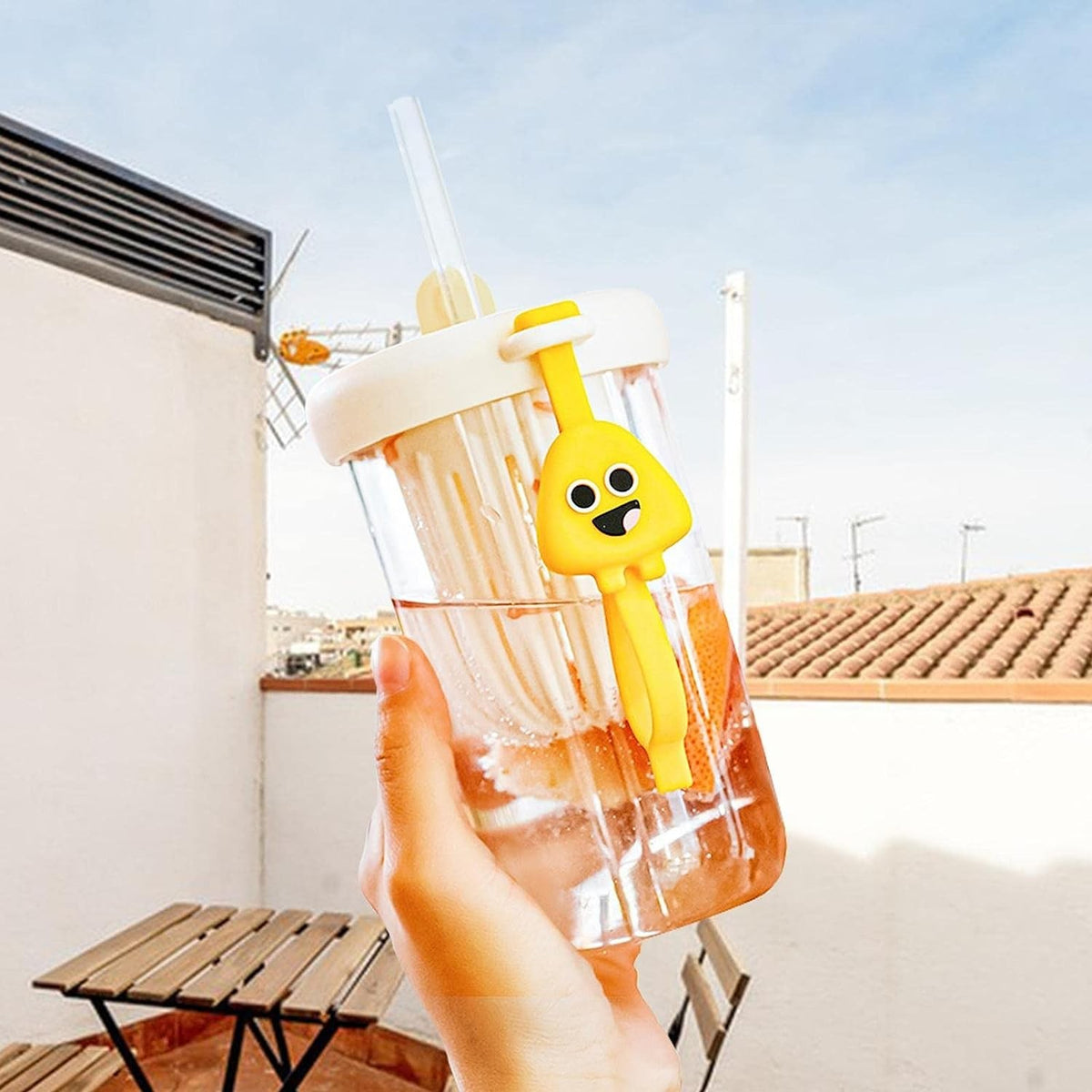 Pahar Pentru Copii Cu Capac Si Pai, Compartiment Infuzor Pentru Fructe Sau Ceai, Rezistent La Socuri Si Temperaturi Inalte, Plastic Fara BPA, 500 ml, Alb, 14.5x8.8x20 cm