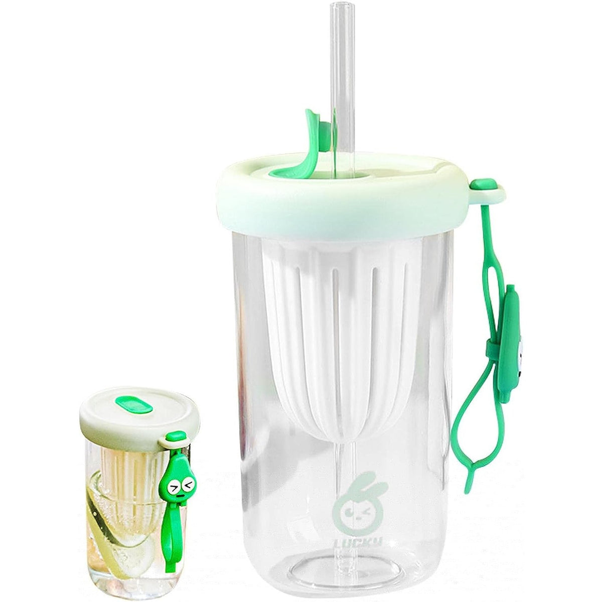 Pahar pentru Copii cu Pai Detasabil si Capac, Compartiment Infuzor Fructe sau Ceai, Plastic Rezistent si Anti-Cadere, 500 ml, Verde, 14.5x8.8x20 cm