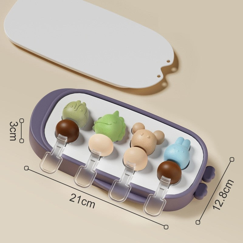 Forma Inghetata pe Bat cu 4 Compartimente, Modele Animale Desene Animate, Silicon Alimentar si ABS, Reutilizabila cu Capac, 21 x 12.8 x 3 cm, Mov