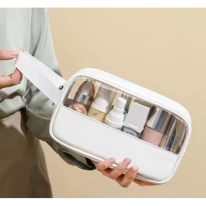 Geanta Cosmetice pentru Voiaj, Organizator Machiaj Impermeabil, Material PVC si Textil, Design Portabil, 22 x 12 x 8 cm, Alb