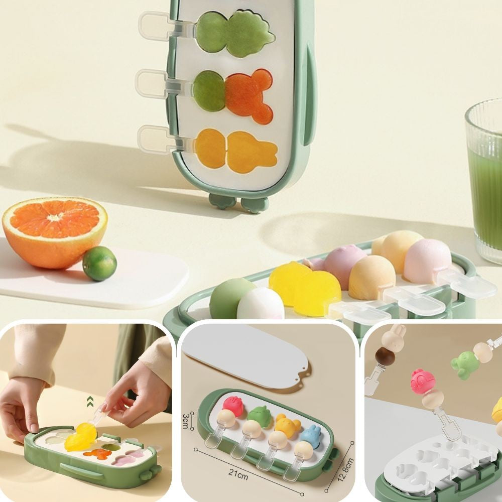 Forma Pentru Inghetata De Casa Cu 4 Compartimente, Modele Animale, Silicon Alimentar Si ABS, Detasare Rapida, Cu Capac, 21 x 12.8 x 3 cm, Verde