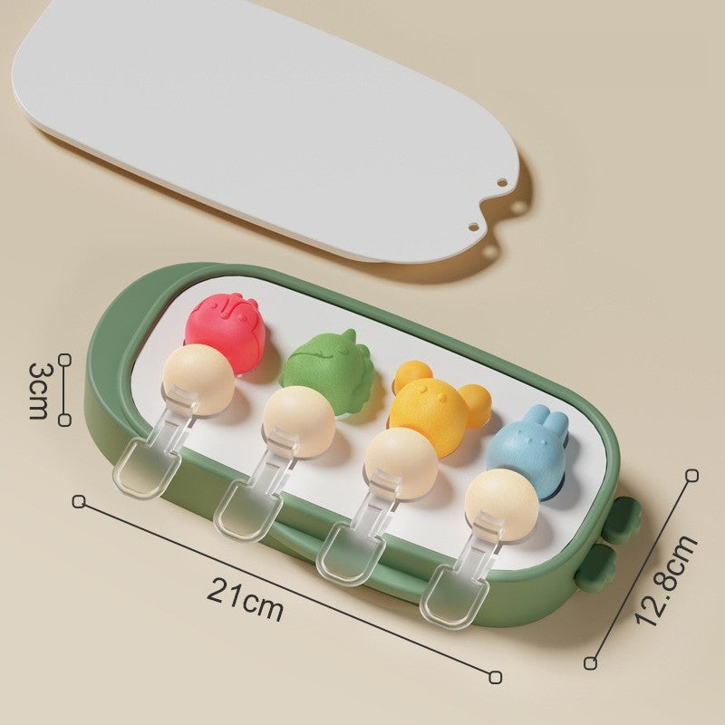 Forma Pentru Inghetata De Casa Cu 4 Compartimente, Modele Animale, Silicon Alimentar Si ABS, Detasare Rapida, Cu Capac, 21 x 12.8 x 3 cm, Verde
