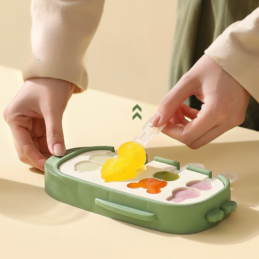 Forma Pentru Inghetata De Casa Cu 4 Compartimente, Modele Animale, Silicon Alimentar Si ABS, Detasare Rapida, Cu Capac, 21 x 12.8 x 3 cm, Verde