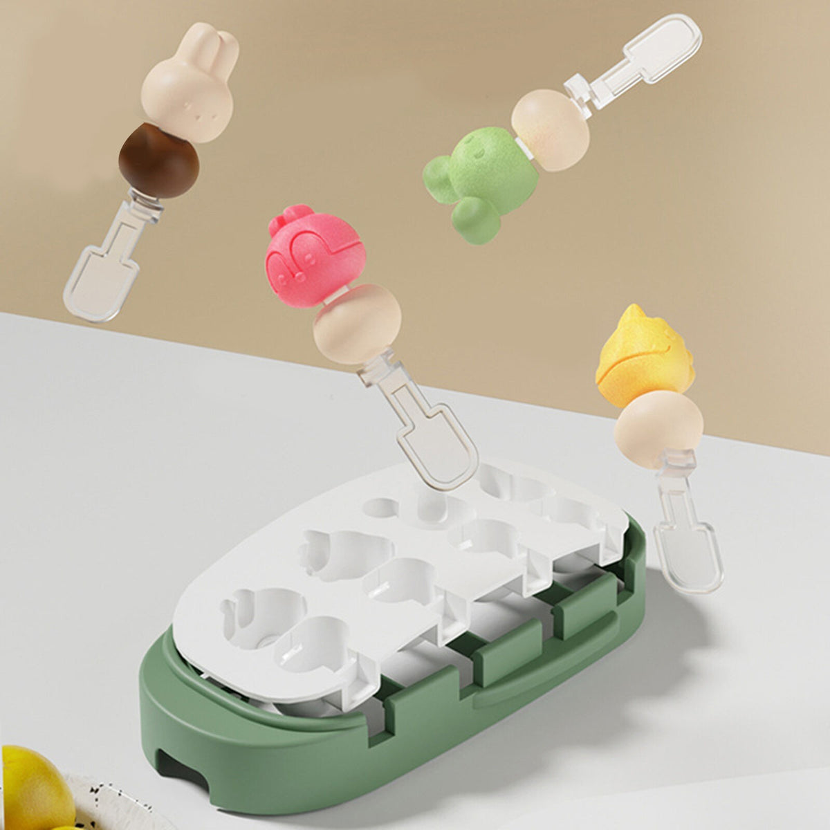 Forma Pentru Inghetata De Casa Cu 4 Compartimente, Modele Animale, Silicon Alimentar Si ABS, Detasare Rapida, Cu Capac, 21 x 12.8 x 3 cm, Verde