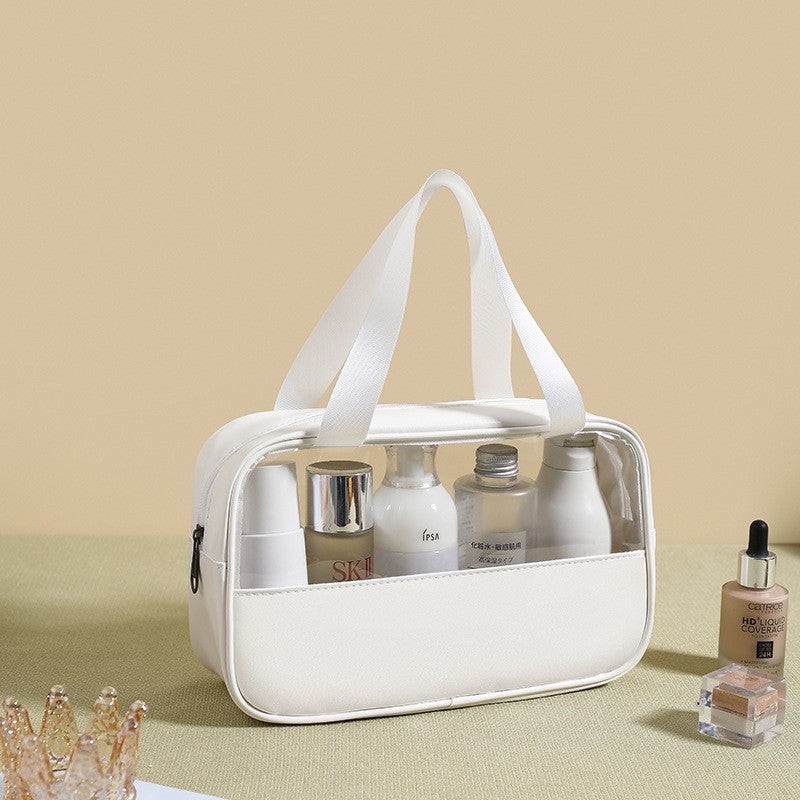 Geanta Cosmetice pentru Voiaj, Organizator Impermeabil, Material PVC si Textil, Design Portabil, 26 x 15 x 10 cm, Alb
