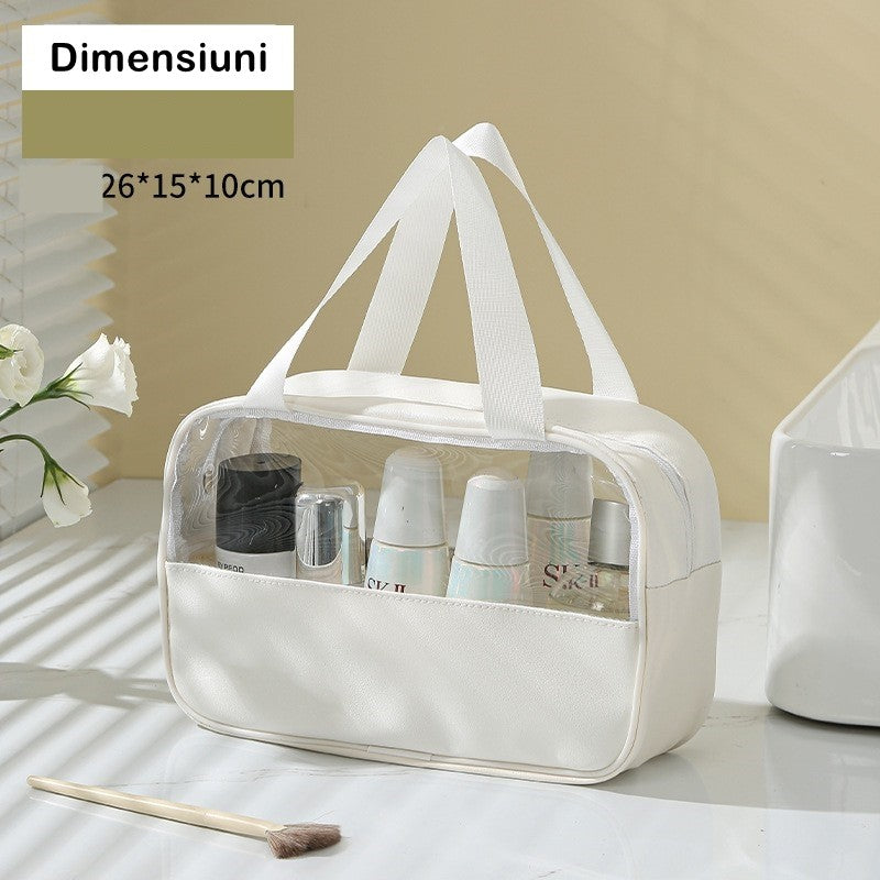 Geanta Cosmetice pentru Voiaj, Organizator Impermeabil, Material PVC si Textil, Design Portabil, 26 x 15 x 10 cm, Alb