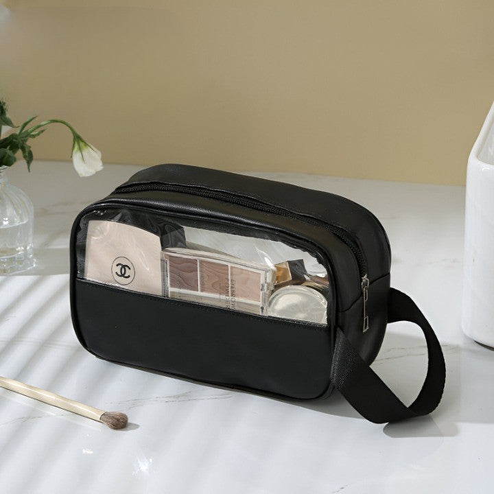 Geanta Cosmetice pentru Voiaj si Organizare, Portabila si Impermeabila, Material PVC si Textil, 22 x 12 x 8 cm, Negru