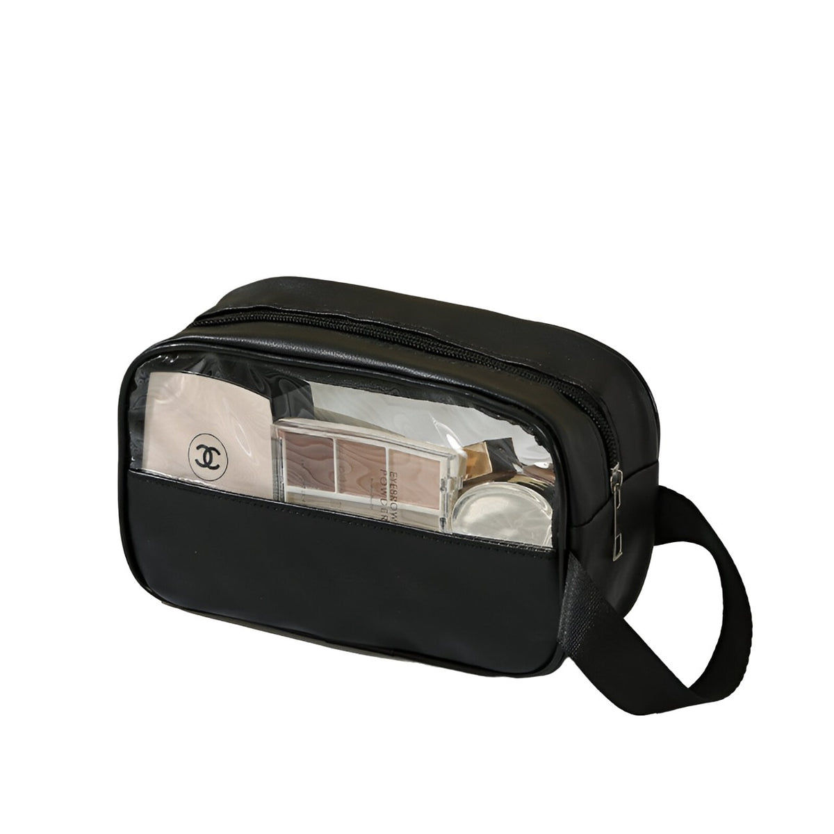 Geanta Cosmetice pentru Voiaj si Organizare, Portabila si Impermeabila, Material PVC si Textil, 22 x 12 x 8 cm, Negru