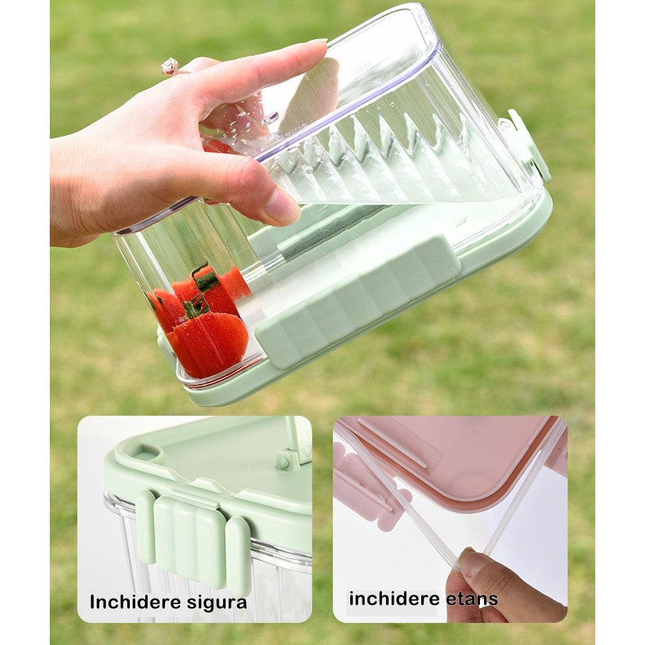 Caserola Termoizolanta Pentru Pranz, Recipient Etans Cu 2 Compartimente, Maner Si Spatiu Pentru Tacamuri, Plastic Rezistent La Congelator, Include 2 Furculite, 1500 ml, Transparent, 10 x 13.5 x 20 cm
