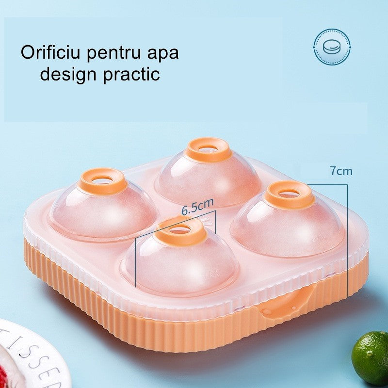 Forma pentru Sfere de Gheata Mari, Matrita pentru Cocktail si Whiskey, Orificiu Tip Palnie, Silicon Alimentar si Plastic, 4 Sfere de 6.5 cm, 17 x 17 x 7 cm, Portocaliu