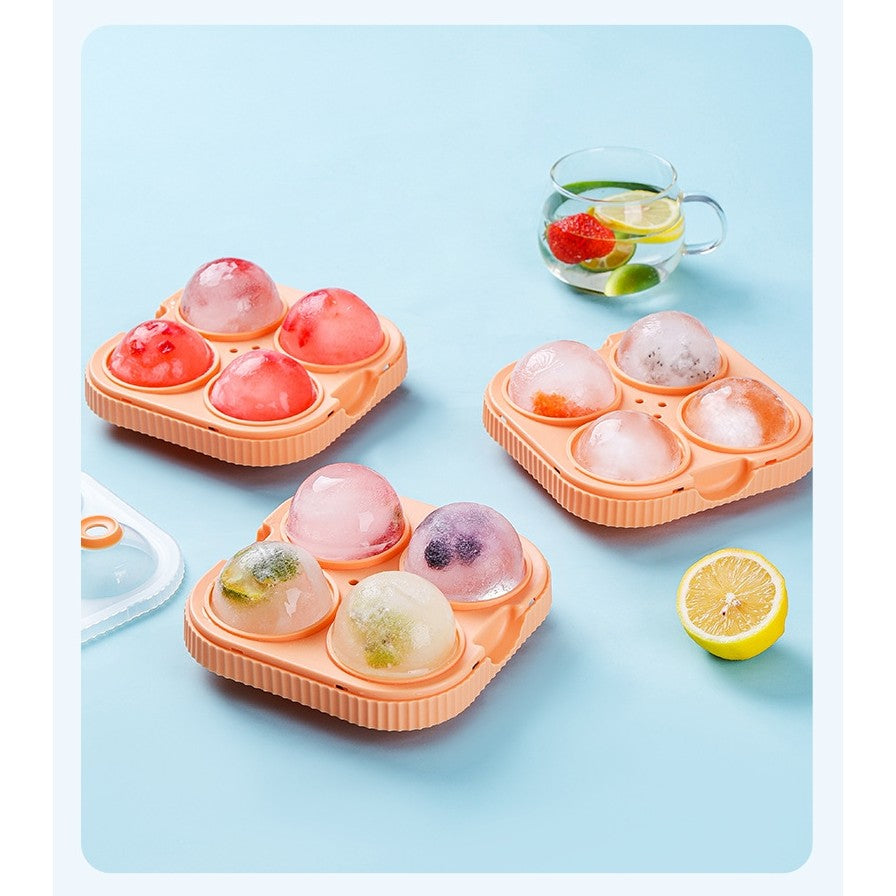 Forma pentru Sfere de Gheata Mari, Matrita pentru Cocktail si Whiskey, Orificiu Tip Palnie, Silicon Alimentar si Plastic, 4 Sfere de 6.5 cm, 17 x 17 x 7 cm, Portocaliu