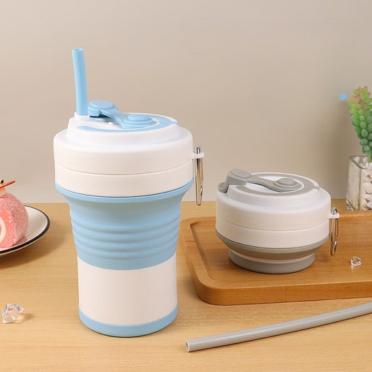 Pahar Pliabil din Silicon pentru Călătorii și Camping, Include Pai Flexibil, Eco-friendly, Rezistent la Căldură, 750 ml, Albastru