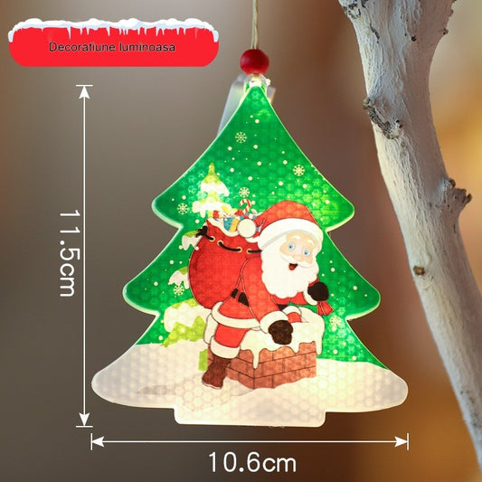 Decoratiune de Craciun Luminoasa in Forma de Brad, Ornament cu Mos Craciun si Agatatoare, LED Lumina Alba Calda, Plastic, 11.5 x 10.6 cm