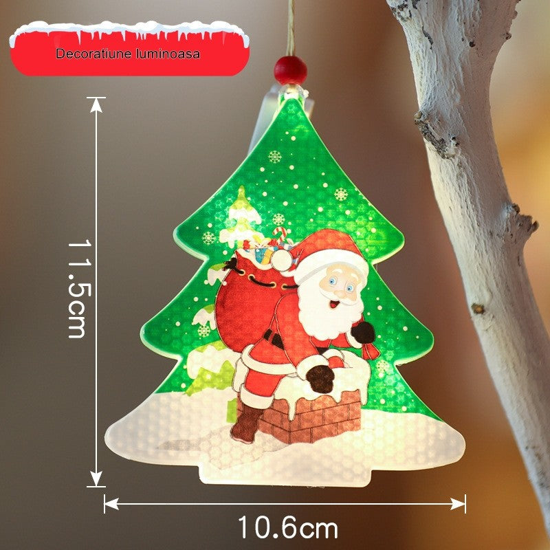 Decoratiune de Craciun Luminoasa in Forma de Brad, Ornament cu Mos Craciun si Agatatoare, LED Lumina Alba Calda, Plastic, 11.5 x 10.6 cm