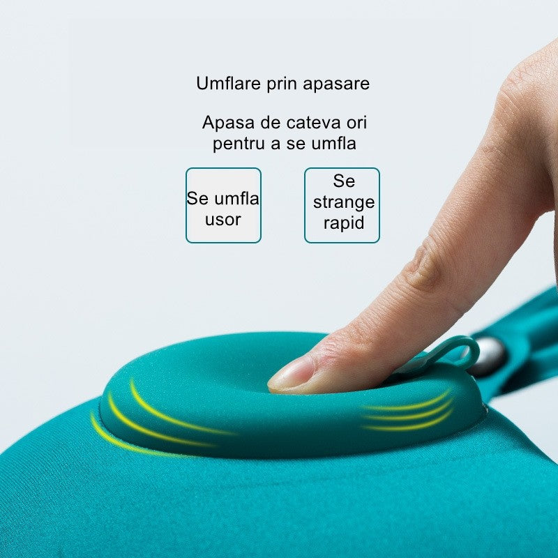 Perna Pentru Gat Si Calatorii, Umflare Rapida Prin Apasare, Design Ergonomic In Forma De U, Material Catifelat Moale, 40 x 28 cm, Verde