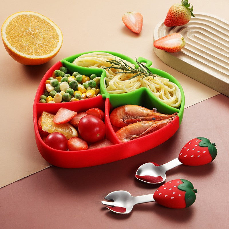 Set Diversificare Bebelusi, Farfurie Compartimentata cu Ventuza in Forma de Capsuna, Silicon Fara BPA, Include Lingurita, Furculita si Pai cu Perie de Curatare, 19 x 18 cm, Rosu
