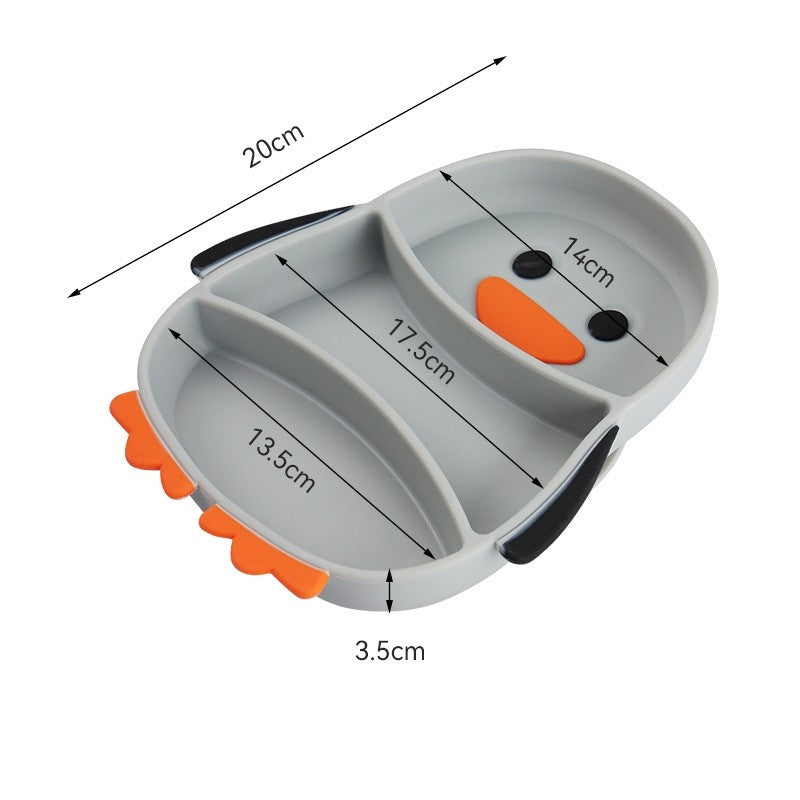 Set Diversificare Bebelusi, Farfurie Compartimentata Pinguin cu Ventuza Fixare, Silicon Fara BPA, Include Lingurita, Furculita, Pai si Perie Curatare, 23.5 x 12.5 cm, Gri