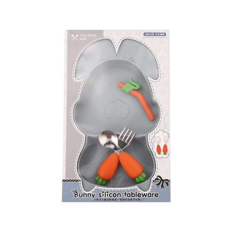 Set Diversificare Bebelusi, Farfurie Compartimentata Iepure cu Ventuza, Silicon Fara BPA, Include Lingurita, Furculita, Pai si Perie Curatare, 26 x 15 cm, Bleumarin