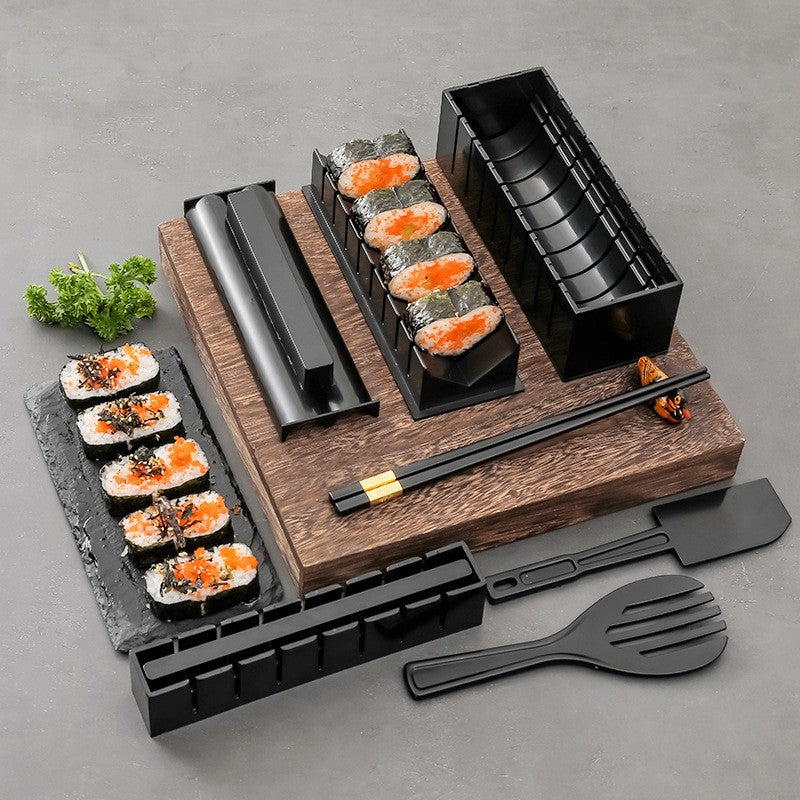 Set Ustensile Pentru Facut Sushi, Kit Preparare Cu 10 Piese, Include 4 Forme Diferite Si Model Inima, Material Plastic ABS, Negru