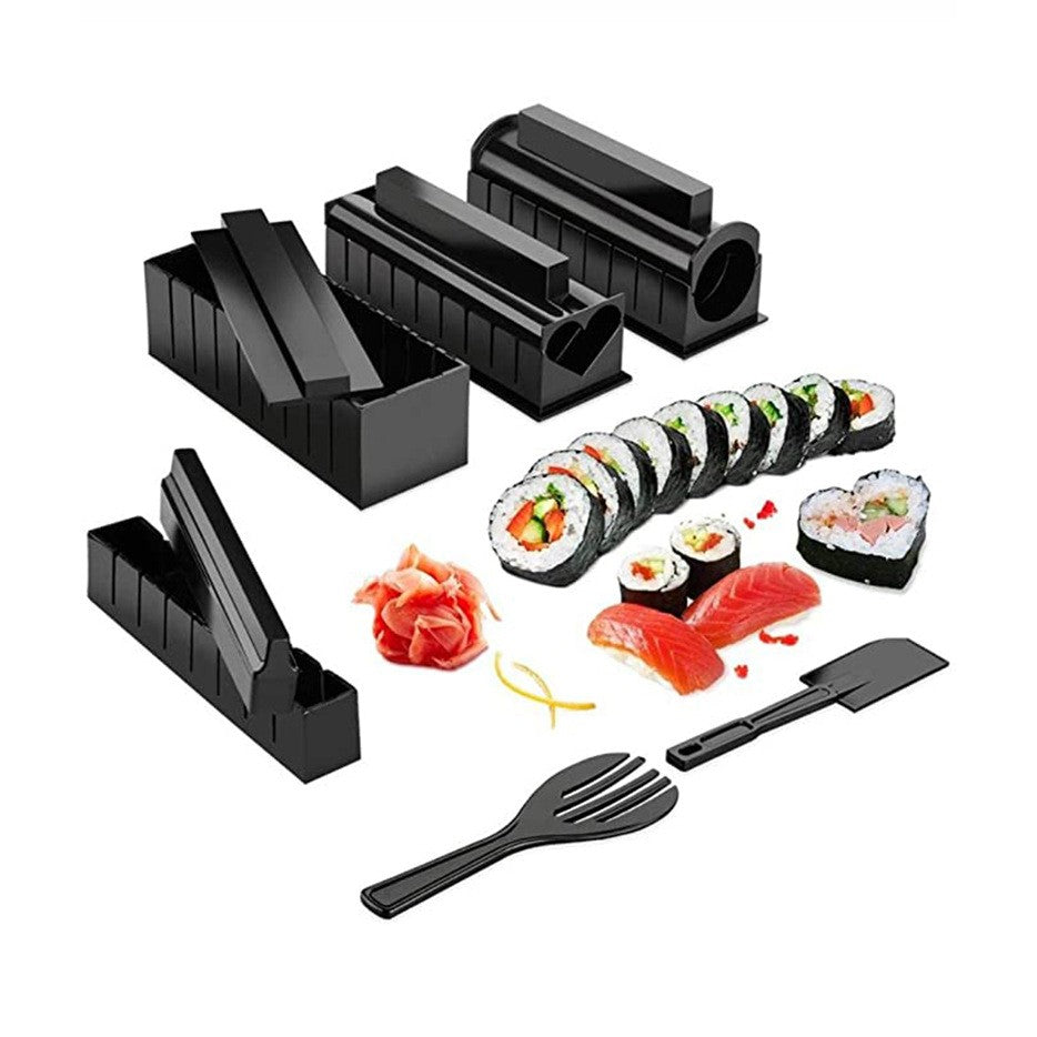 Set Ustensile Pentru Facut Sushi, Kit Preparare Cu 10 Piese, Include 4 Forme Diferite Si Model Inima, Material Plastic ABS, Negru