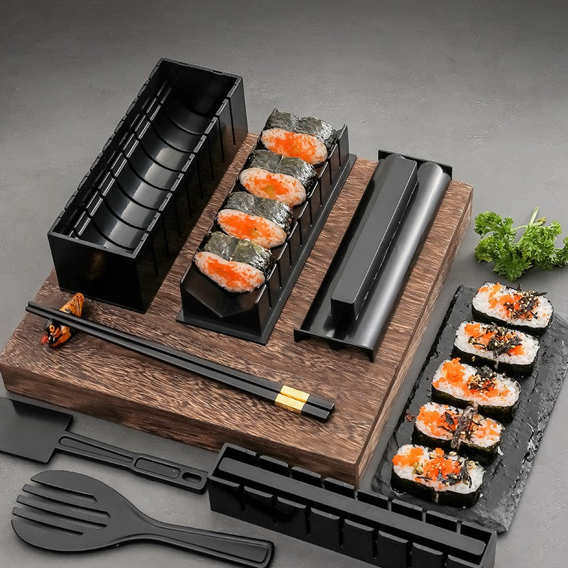 Set Ustensile Pentru Facut Sushi, Kit Preparare Cu 10 Piese, Include 4 Forme Diferite Si Model Inima, Material Plastic ABS, Negru
