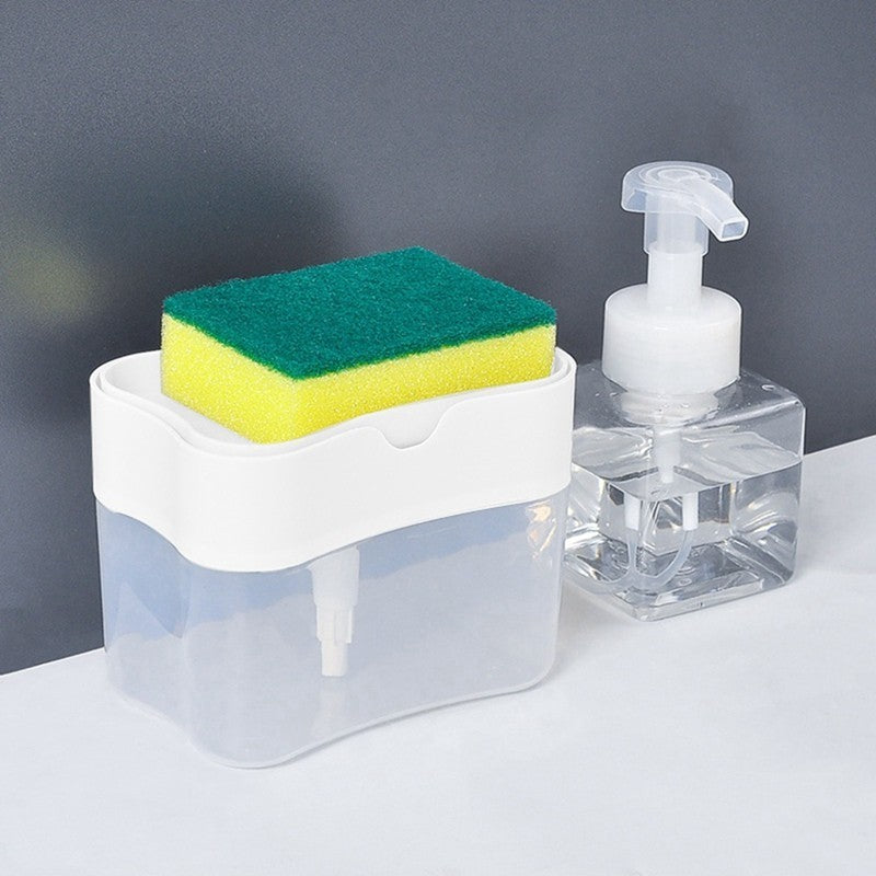 Dozator Detergent Vase 2 in 1 cu Suport Burete, Dispenser Sapun Lichid, Pompa Manuala, Plastic ABS, Capacitate 380 ml, 14 x 10.5 cm, Alb