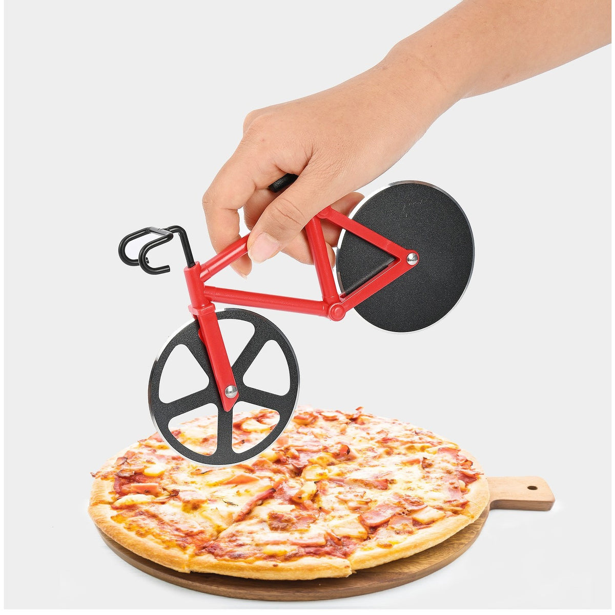 Cutit Pizza in Forma de Bicicleta, Role Taiere cu Suport Expunere, Otel Inoxidabil si PP, 19 x 12.5 cm, Negru