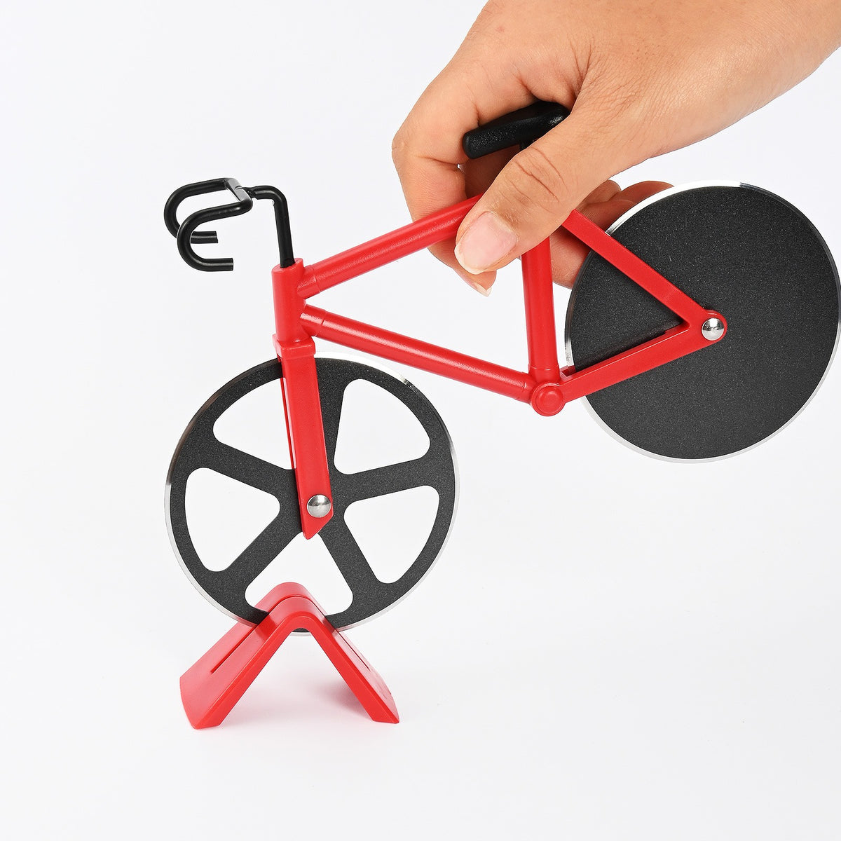 Cutit Pizza in Forma de Bicicleta, Role Taiere cu Suport Expunere, Otel Inoxidabil si PP, 19 x 12.5 cm, Negru