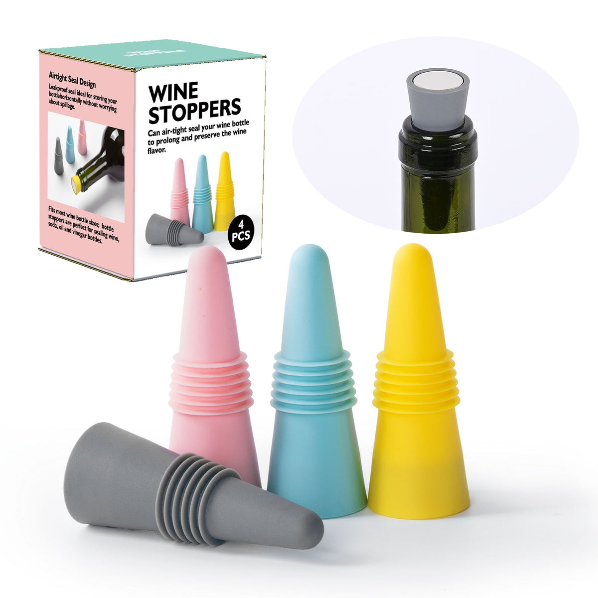 Set 4 Dopuri pentru Sticle de Vin si Bauturi, Inchidere Etansa Anti-Oxidare, Silicon Flexibil Reutilizabil, Multicolor