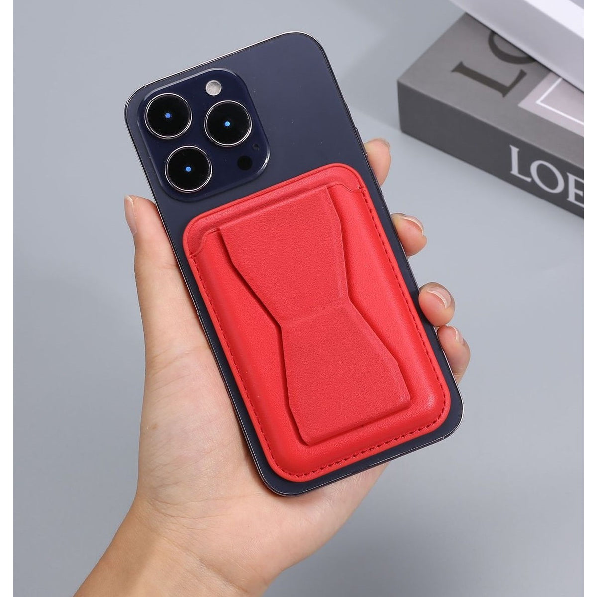 Portofel MagSafe Pentru Carduri Cu Suport Telefon Integrat, Atasare Magnetica, Piele Ecologica, Rosu