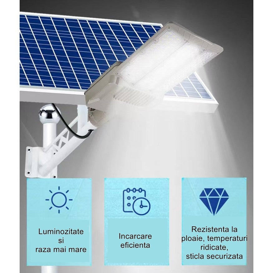 Lampa Solara Stradala 500W, Senzor Lumina si Acumulator Litiu 30000 mAh, Protectie IP65 Rezistenta la Apa, Lumina Rece, Autonomie 10 Ore, Finisaj Mat, 55 x 23 x 9 cm, Gri