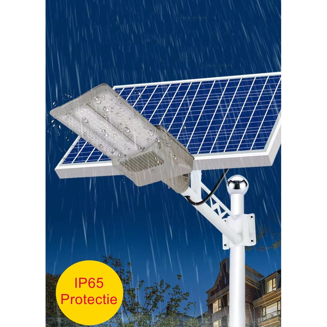 Lampa Solara Stradala 500W, Senzor Lumina si Acumulator Litiu 30000 mAh, Protectie IP65 Rezistenta la Apa, Lumina Rece, Autonomie 10 Ore, Finisaj Mat, 55 x 23 x 9 cm, Gri