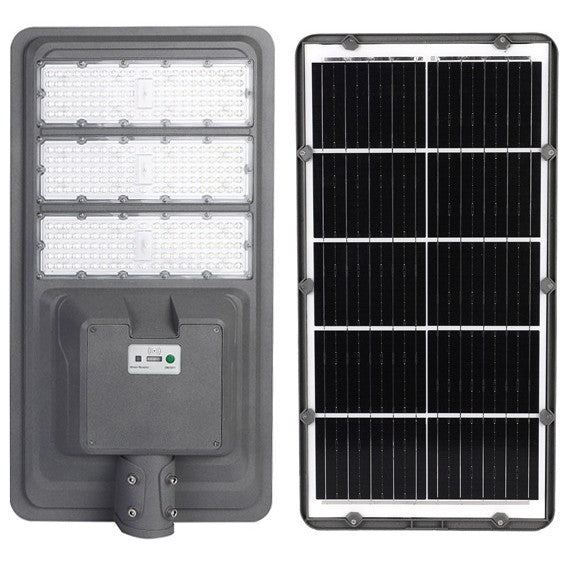 Lampa Solara Stradala 500W cu 510 LED SMD, Senzor de Lumina si Telecomanda, Protectie IP65, Flux Luminos 5000 lm, Autonomie 12-16 Ore, Panou Solar 53W, Material ABS, 91.6 x 36.5 cm, Gri