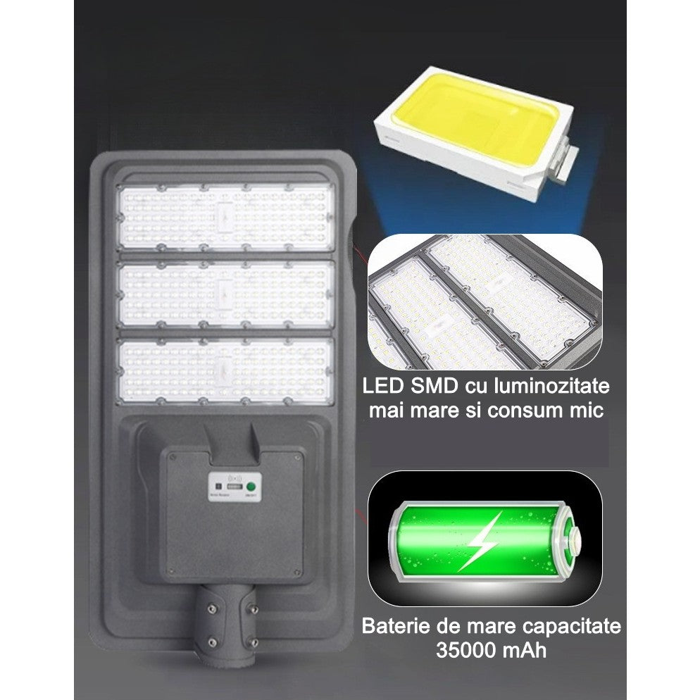 Lampa Solara Stradala, Putere 300W, 306 LED SMD, 3000 Lumeni, Senzor Lumina si Telecomanda, Protectie IP65, Autonomie 12-16 Ore, Carcasa ABS, Lumina Alb Rece, Gri, 70.3 x 36.5 cm