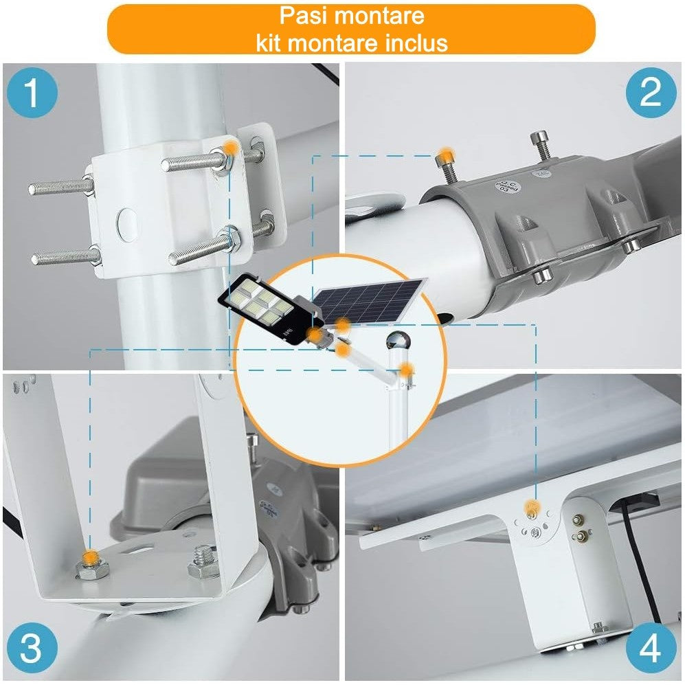 Lampa Solara Stradala, 100 LED SMD, 80W, 7200 Lumeni, Senzor Lumina si Telecomanda, Autonomie 16 Ore, Protectie IP65, Carcasa ABS, 38.6 x 13.3 cm, Lumina Alb Rece 6500K
